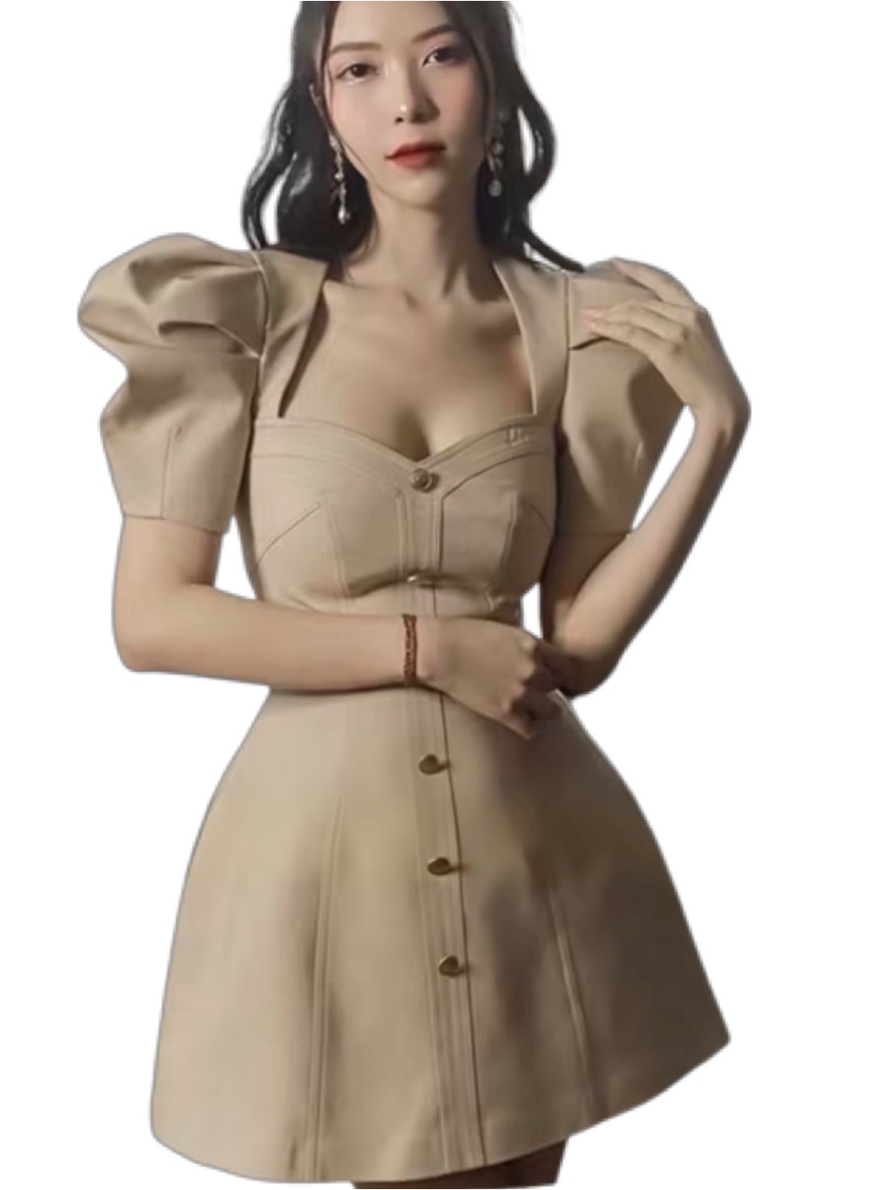 ELENII Beige Puff Sleeve Button-Front Sweetheart Mini Dress